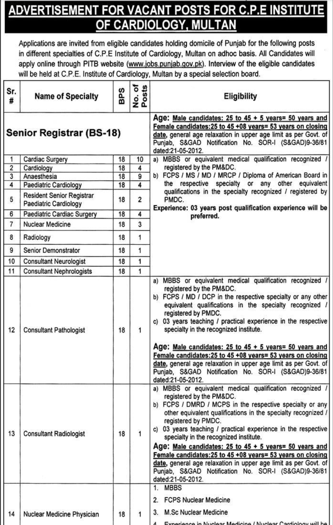 Jobs at Chaudhary Pervaiz Elahi Institute of cardiology , Multan for Specialized Doctors, Physiotherapist and Allied health science