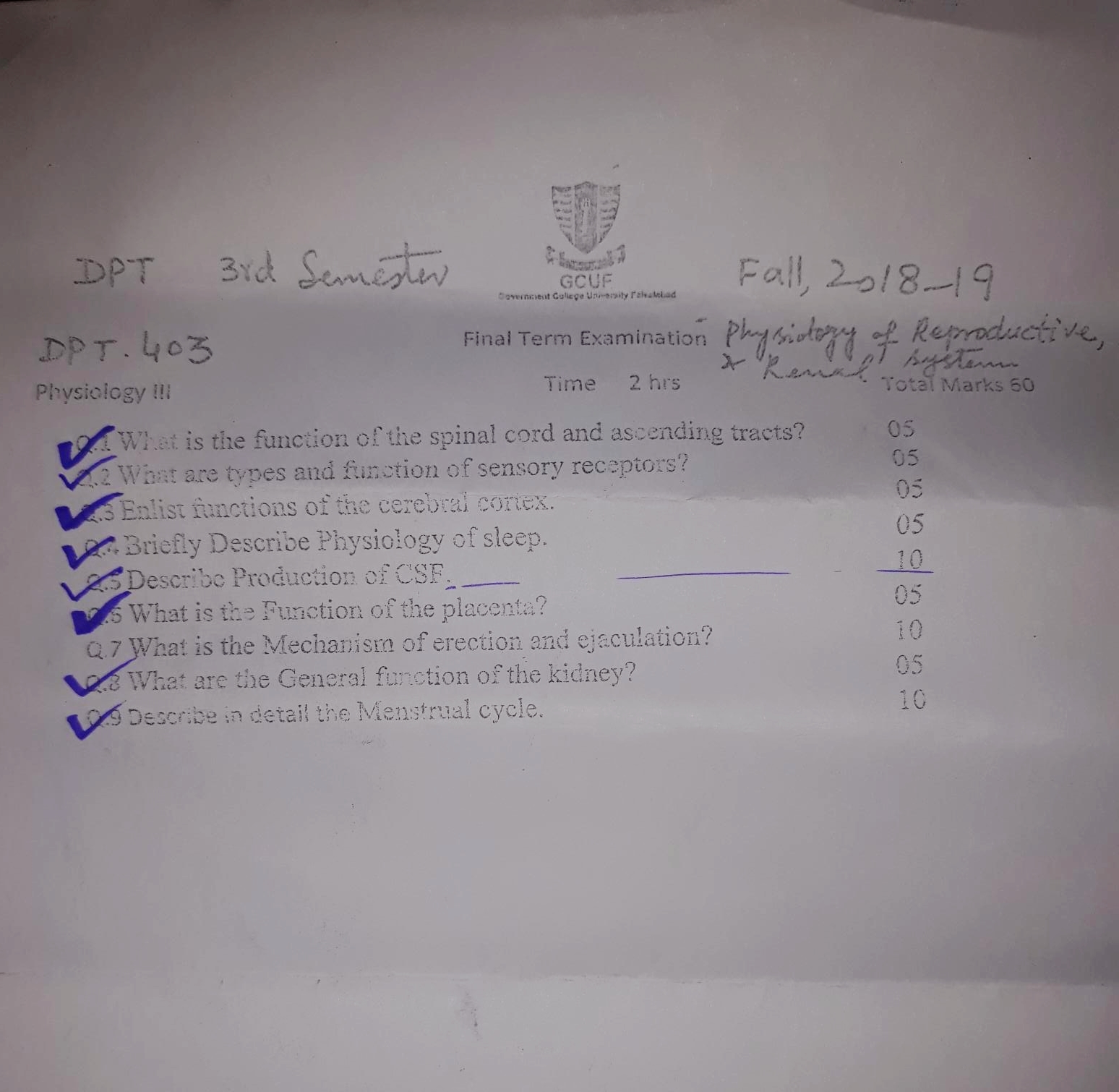 Past Paper DPT ( 3rd semester) 2019 Government College University Faisalabad (GCUF)