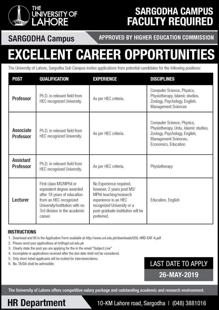 Job opportunity at University of Lahore (Sargodha Campus)