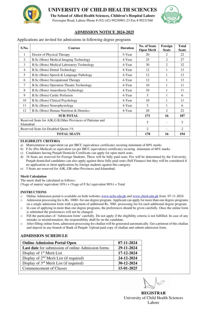 Children Hospital Admissions open for DPT and Allied Health Sciences 2024
