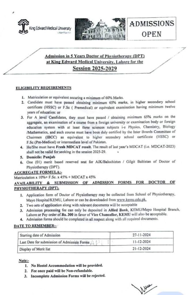 KEMU DPT admissions 2024 at Lahore