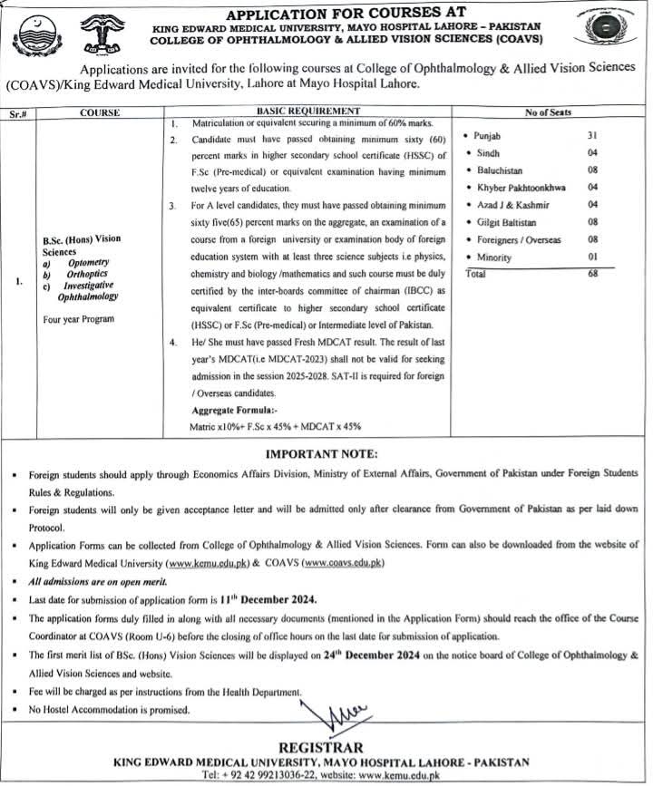 KEMU admission Open for B.Sc. (Hons) Vision Sciences at KEMU