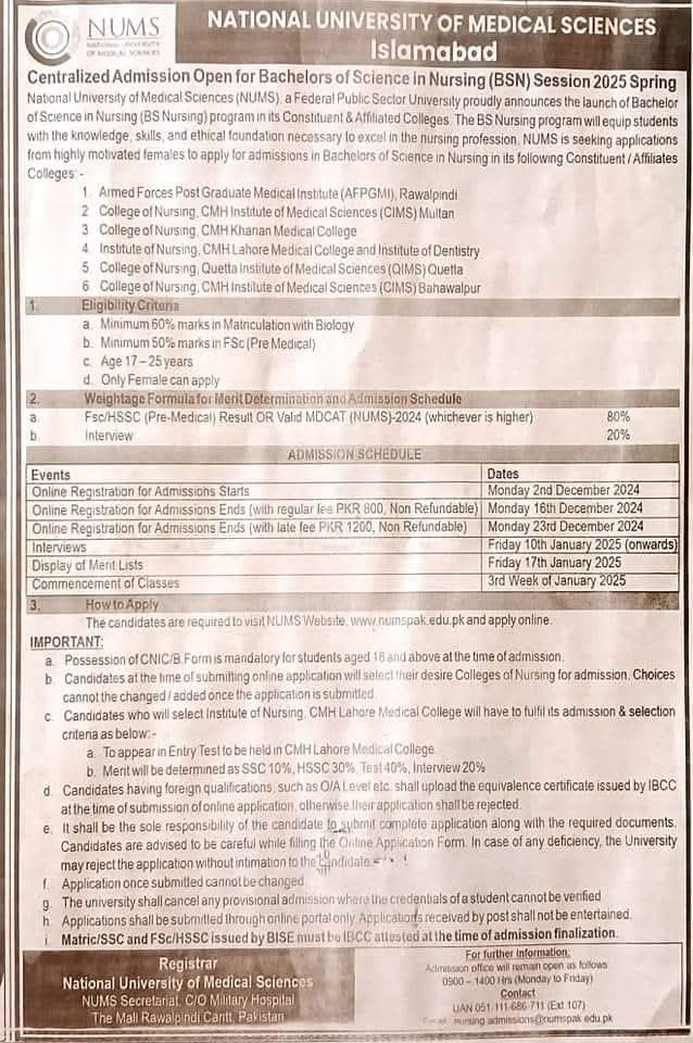 NUMS BSN Admissions Open for Spring 2025