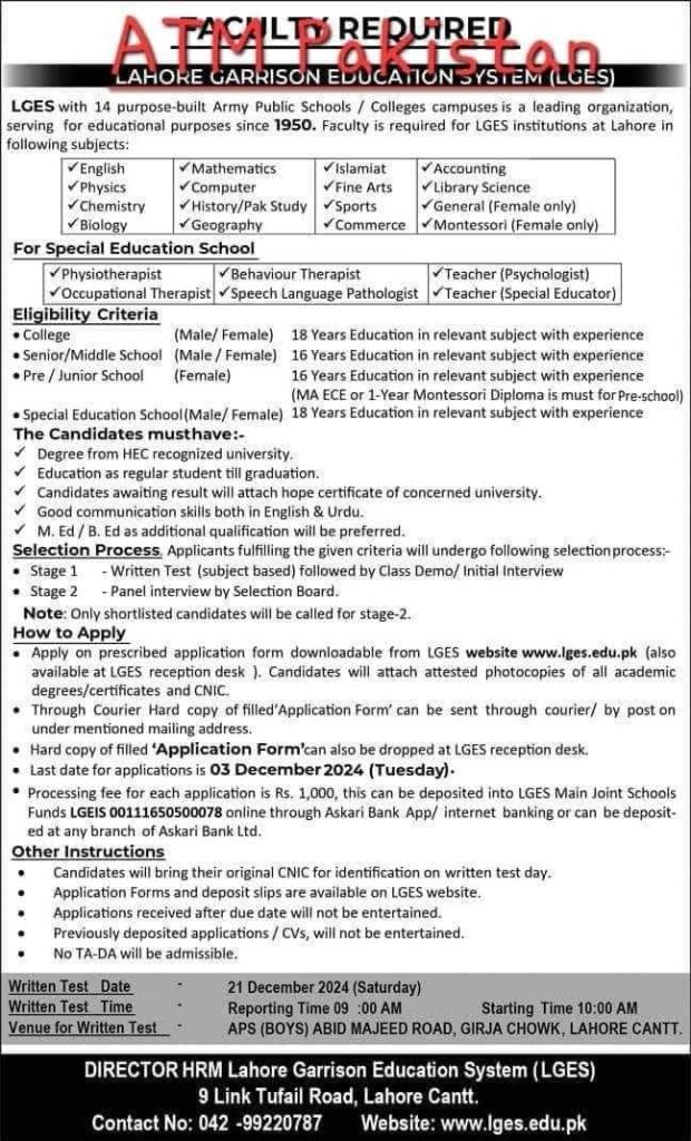 Faculty Positions at Lahore Garrison System LGS Jobs 2024