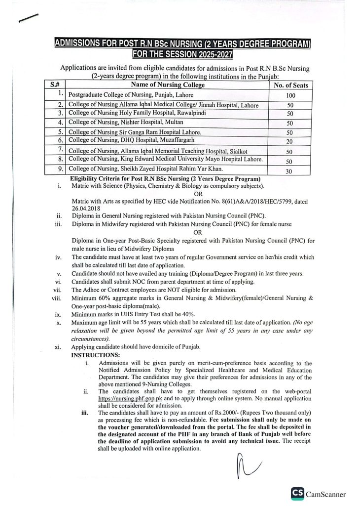 Admissions Open: Post R.N BSc Nursing (2-Year Degree Program) 2025-2027