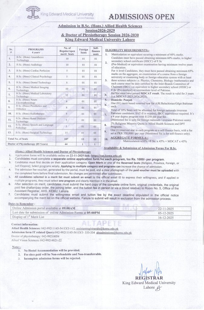 KEMU Lahore Admissions Open 2025– B.Sc. (Hons) AHS & DPT