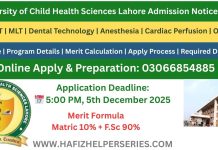 University of Child Health Sciences Lahore Admission Notice 2025–2026 – DPT & AHS University of Child Health Sciences Lahore Admission Notice 2025–2026 – DPT & AHS