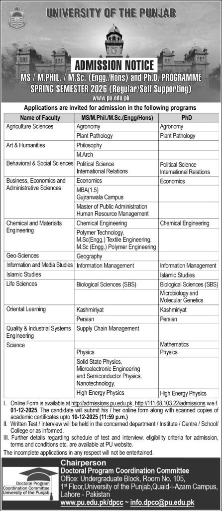 University of the Punjab MS, M.Phil, & Ph.D. Admissions 2026 (Spring Semester): Programs & Key Deadlines