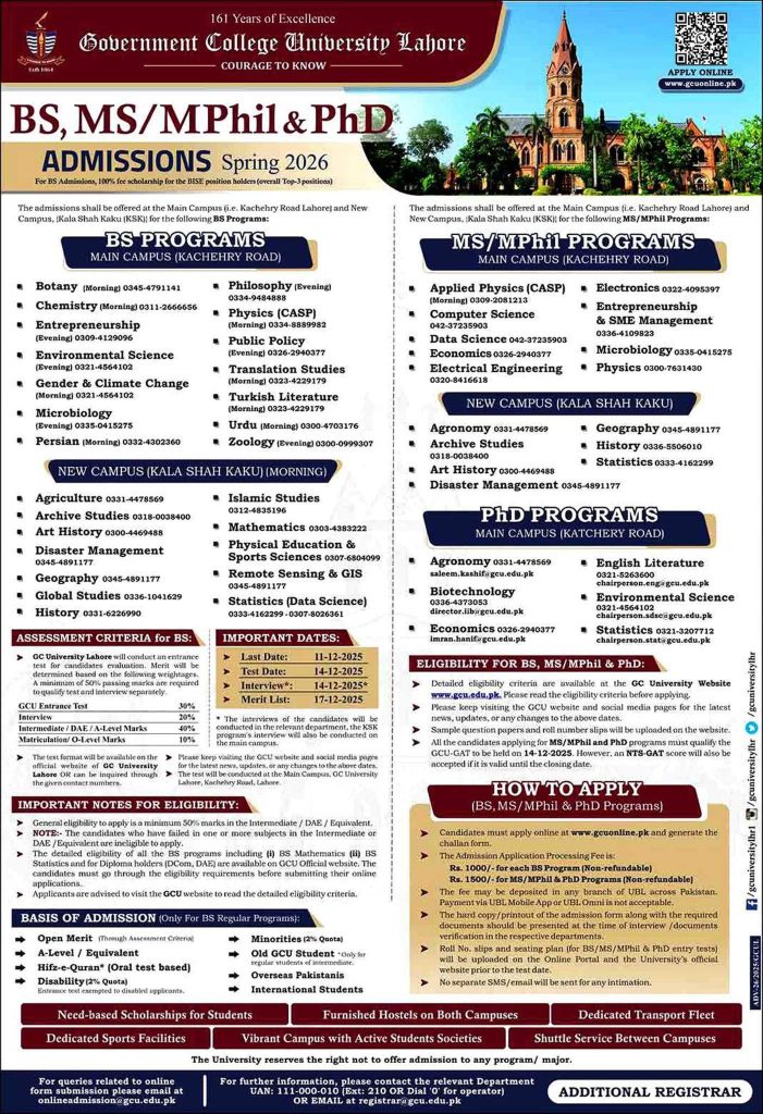 GC University Lahore Admissions Spring 2026: Your Guide to BS, MS/MPhil & PhD Programs